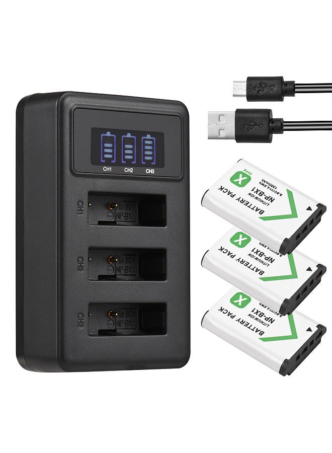NP-BX1 Battery Charger 3-Slot with LED Indicators + 3pcs NP-BX1 Batteries 3.6V 1350mAh with USB Charging Cable Replacement