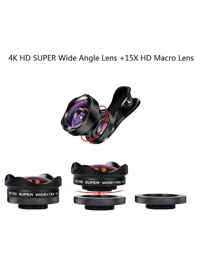 4K Smartphone Camera Lens 0.45X Wide-angle 15X Macro Phone Lens with Universal Clip Compatible with iPhone Samsung Huawei Smartphones