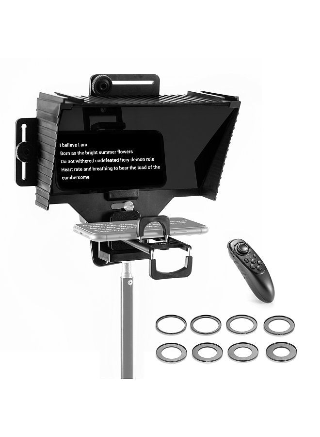 Universal Teleprompter Portable Prompter with BT Remote Control Lens Adapter Ring Compatible with Smart Phone Tablet Camera for Live Stream Hosting Speech Video Recording Online Teaching