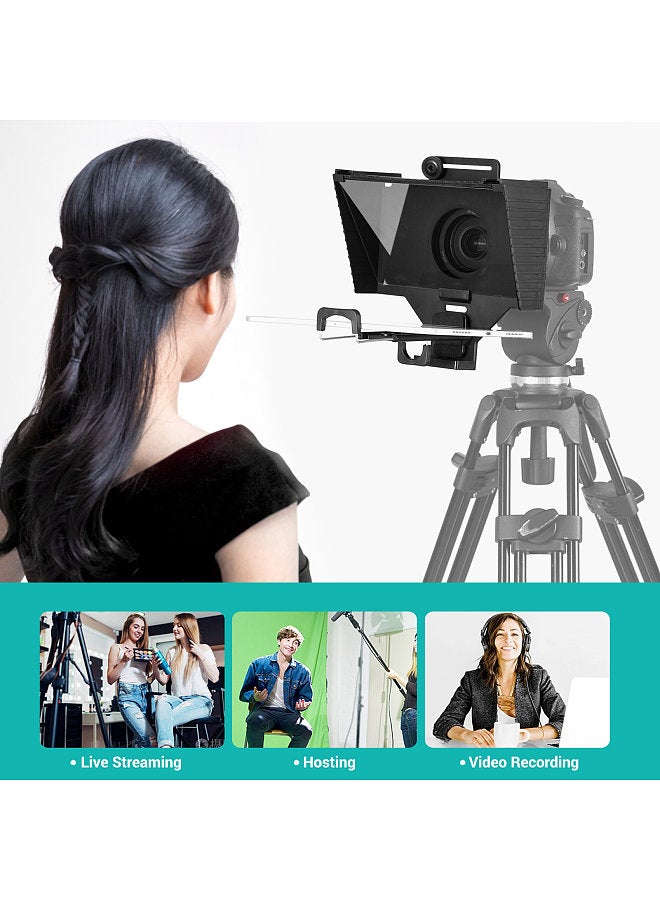 Universal Teleprompter Portable Prompter with BT Remote Control Lens Adapter Ring Compatible with Smart Phone Tablet Camera for Live Stream Hosting Speech Video Recording Online Teaching