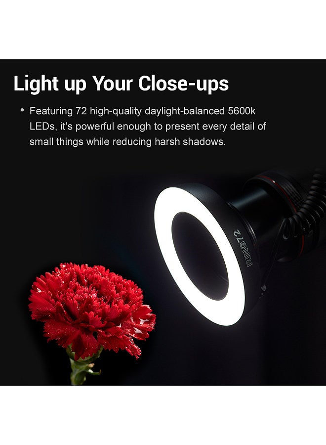 RING72 Macro LED Video Light Professional Photography Fill Light 72PCS LED Beads Color Temperature 5600K 10 Levels of Adjustable Brightness with 49mm-77mm Adapter Ring for Camera Macro Photography