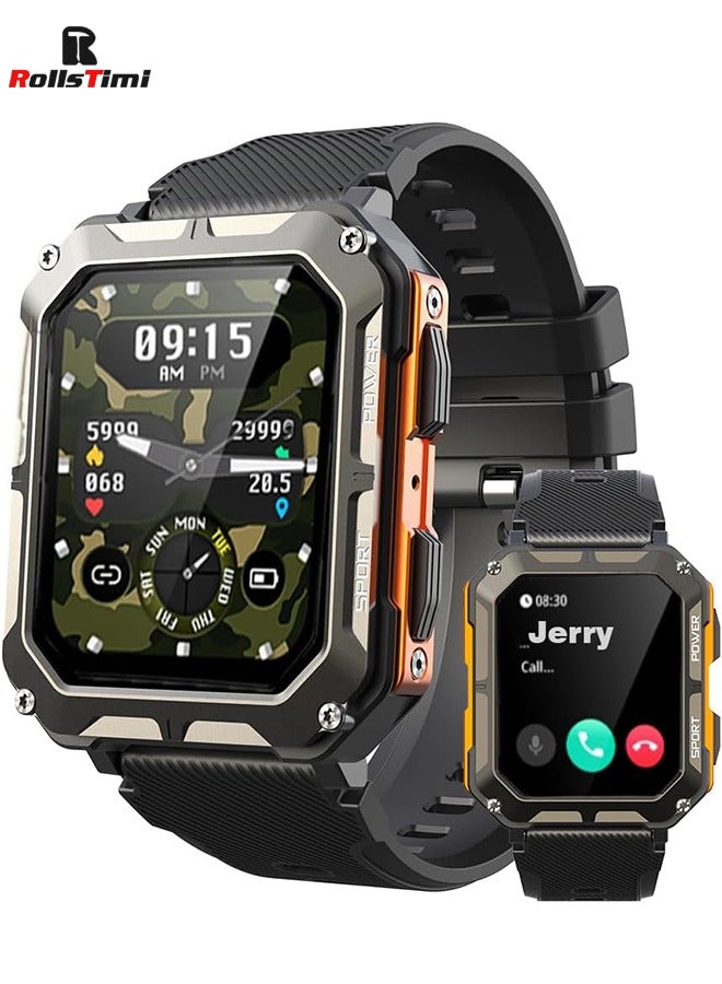 Military Smart Watch for Men, Bluetooth Rugged Smart Watch, Bluetooth Call, AI Voice Assistant with HR Monitor (Orange)