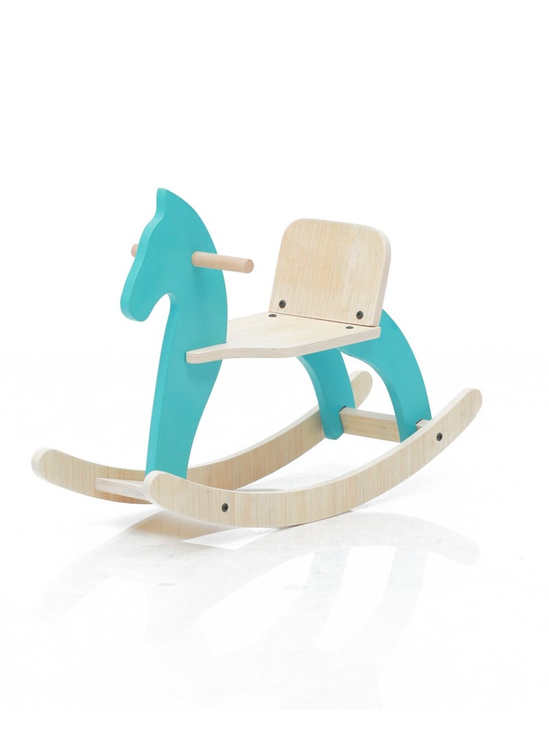 Traditional Rocking Horse- Wooden Portable Rock And Ride Toy, Balanced Ride On Pony with Adjustable Backrest And Guardrail Rocking Horse- Blue