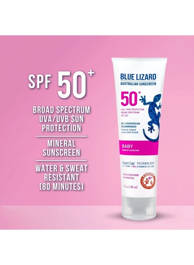 Blue Lizard BABY Mineral Sunscreen with Zinc Oxide, SPF 50+, Water Resistant, UVA/UVB Protection with Smart Cap Technology - Fragrance Free, , 5 oz. Tube