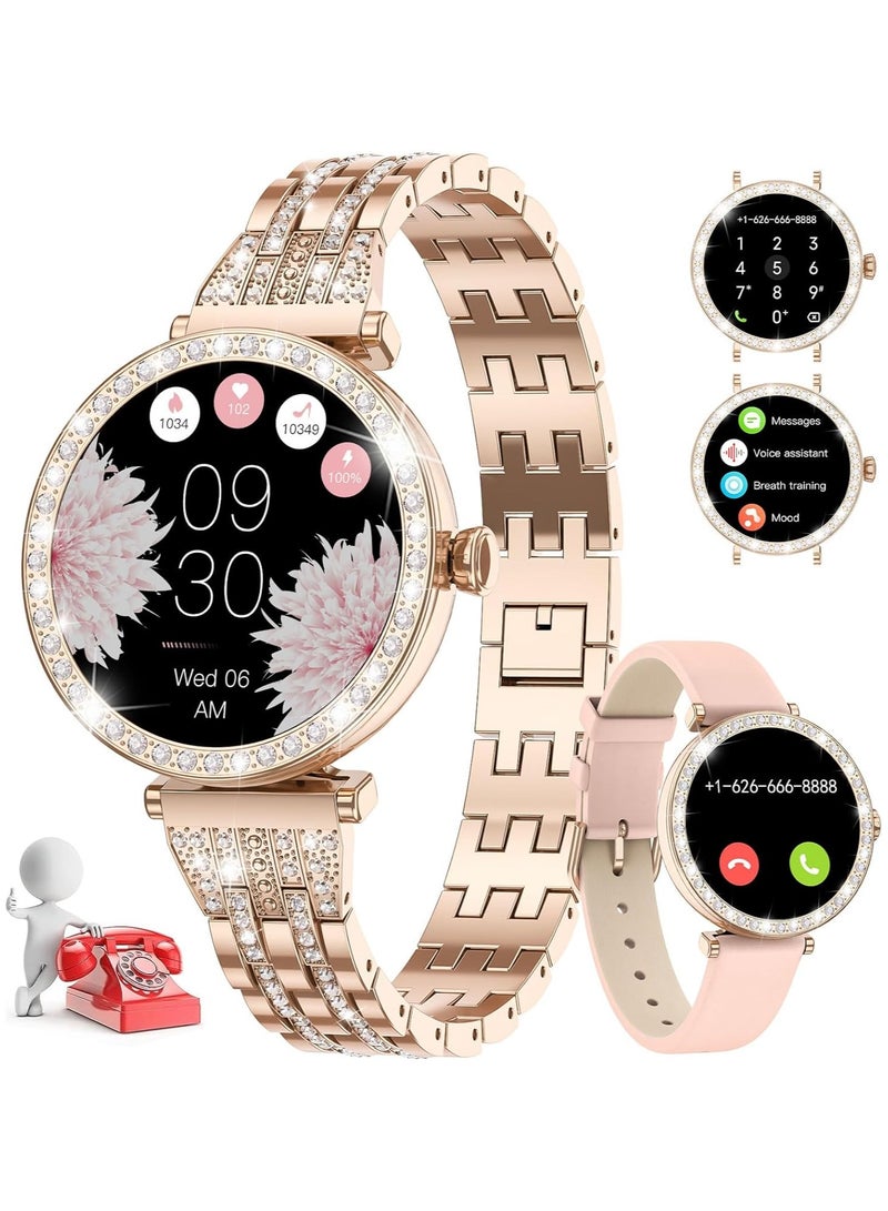 Smart Watch for Women(Answer/Make Call),1.19'' AMOLED Touchscreen,IP68 Waterproof,Heart Rate/Sleep Monitor/Blood Oxygen/Music Playback,100 Sports Modes Diamond Women's Smartwatch for Android/iOS Gold