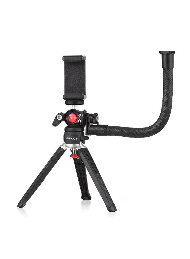 Mini Tripod Stand Desktop Tripod Stand 2kg/4.4lbs Load Capacity 2 Levels Height Adjustable 1/4in Screw with Multifunctional Ball Head Extension Arm Phone Clip