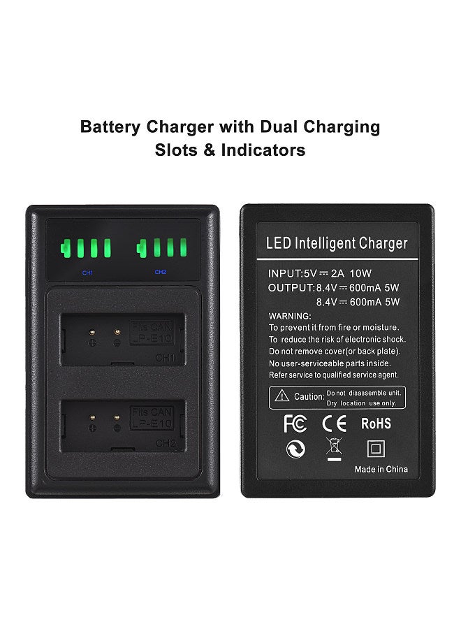 LP-E10 Battery Charger 2-slot with LED Indicators + 2pcs LP-E10 Batteries 7.4V 2200mAh with USB Charging Cable Replacement for Canon 1100D 1200D 1300D Rebel T3 T5 X50 X70