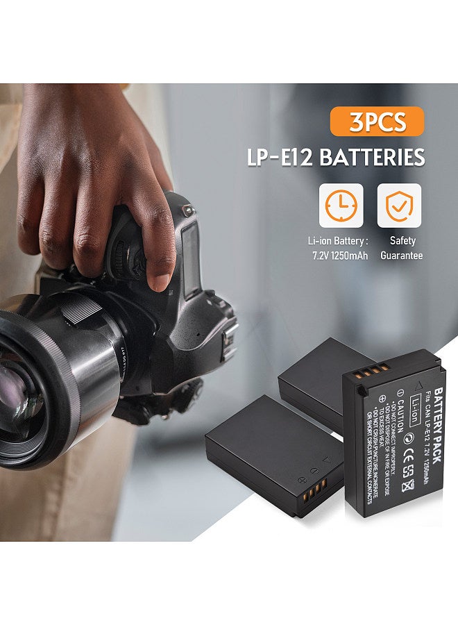 LP-E12 Battery Charger 3-Slot Charger with LED Indicators Micro USB & Type C Port + 3pcs LP-E12 Batteries 7.2V 1250mAh
