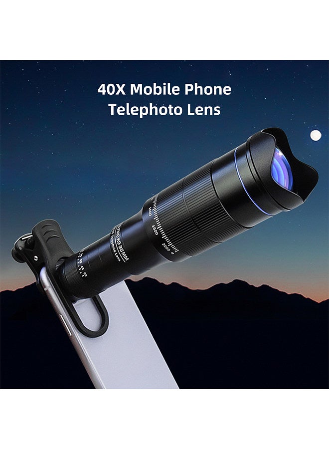40X Mobile Phone Telephoto Lens Kit with Lens Clip + Phone Holder + Extendable Mini Tripod + Remote Shutter for Hiking Camping Wildlife Observation Moon Sports Game Concert Watching