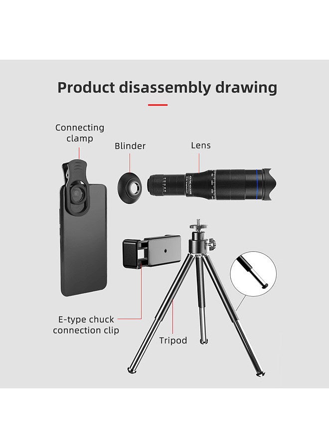 40X Mobile Phone Telephoto Lens Kit with Lens Clip + Phone Holder + Extendable Mini Tripod + Remote Shutter for Hiking Camping Wildlife Observation Moon Sports Game Concert Watching