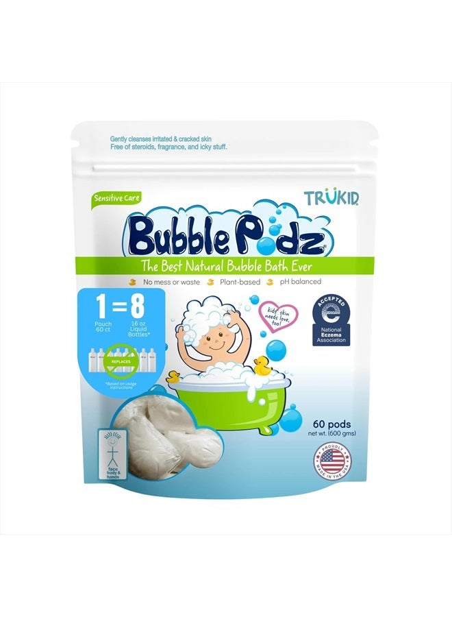 Bubble Podz Bubble Bath for Baby & Kids, NEA-Accepted for Eczema, Gentle Refreshing Colloidal Oatmeal Bath Bomb for Sensitive Skin, pH Balance 7 for Eye Sensitivity, Unscented (60 Podz)