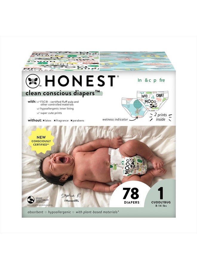 Clean Conscious Diapers | Plant-Based, Sustainable | Above It All + Barnyard Babies | Club Box, Size 1 (8-14 lbs), 78 Count