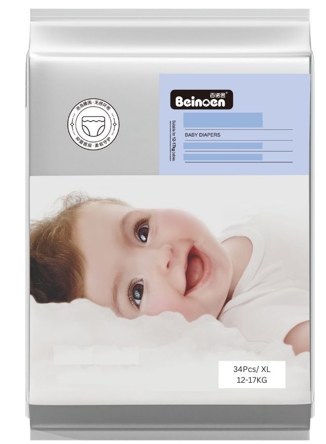 Beinoen Premium Care Cloud Oxygen Baby Diapers Softest Absorption for Ultimate Skin Protection Size XL, 34Pcs Suitable for Babies 12-17KG