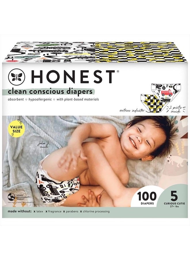Clean Conscious Diapers | Plant-Based, Sustainable | Big Trucks + So Bananas | Super Club Box, Size 5 (27+ lbs), 100 Count