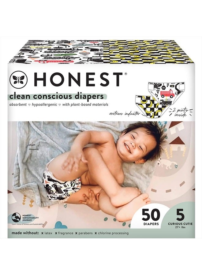 Clean Conscious Diapers | Plant-Based, Sustainable | Big Trucks + So Bananas | Club Box, Size 5 (27+ lbs), 50 Count