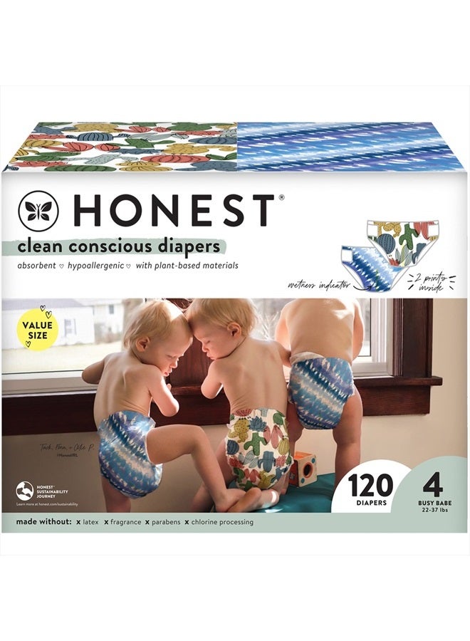 Clean Conscious Diapers | Plant-Based, Sustainable | Tie-Dye For + Cactus Cuties | Super Club Box, Size 4 (22-37 lbs), 120 Count