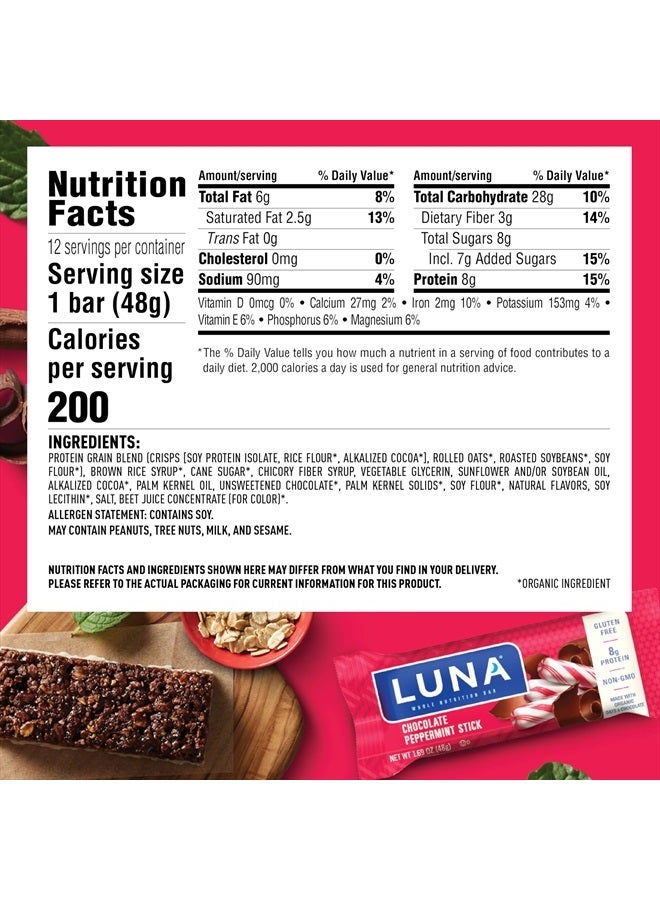 LUNA Bar - Chocolate Peppermint Stick - Gluten-Free - Non-GMO - 7-9g Protein - Made with Organic Oats - Low Glycemic - Whole Nutrition Snack Bars - 1.69 oz. (12 Pack)