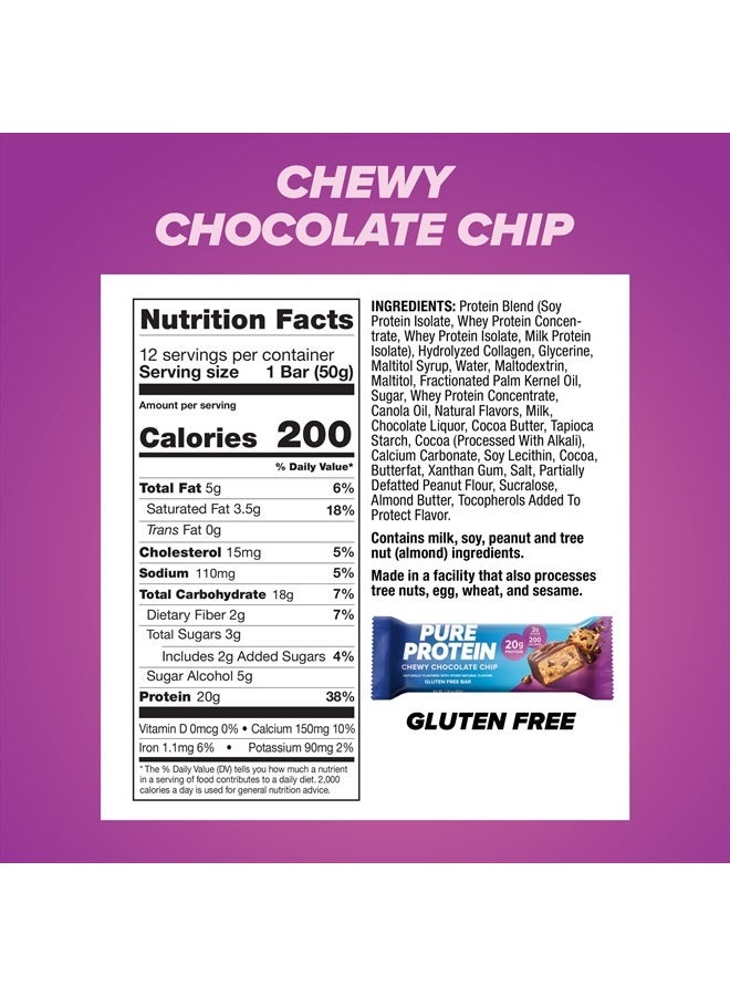 Bars, High Protein, Nutritious Snacks to Support Energy, Low Sugar, Gluten Free, Chewy Chocolate Chip, 1.76oz (Pack of 12), Packaging may vary