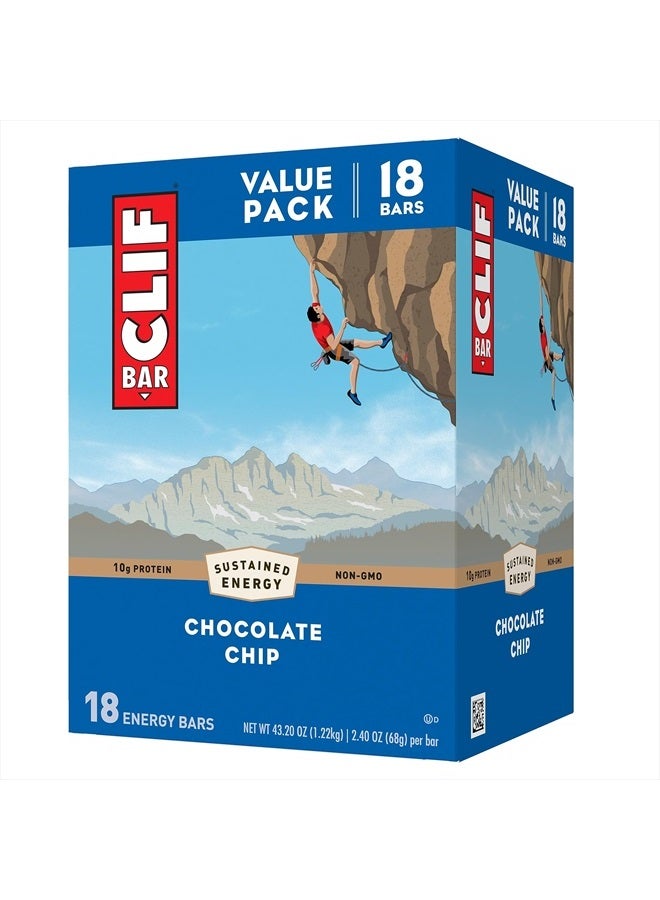 CLIF BAR - Chocolate Chip - Made with Organic Oats - 10g Protein - Non-GMO - Plant Based - Energy Bars - 2.4 oz.18 count (Pack of 1)