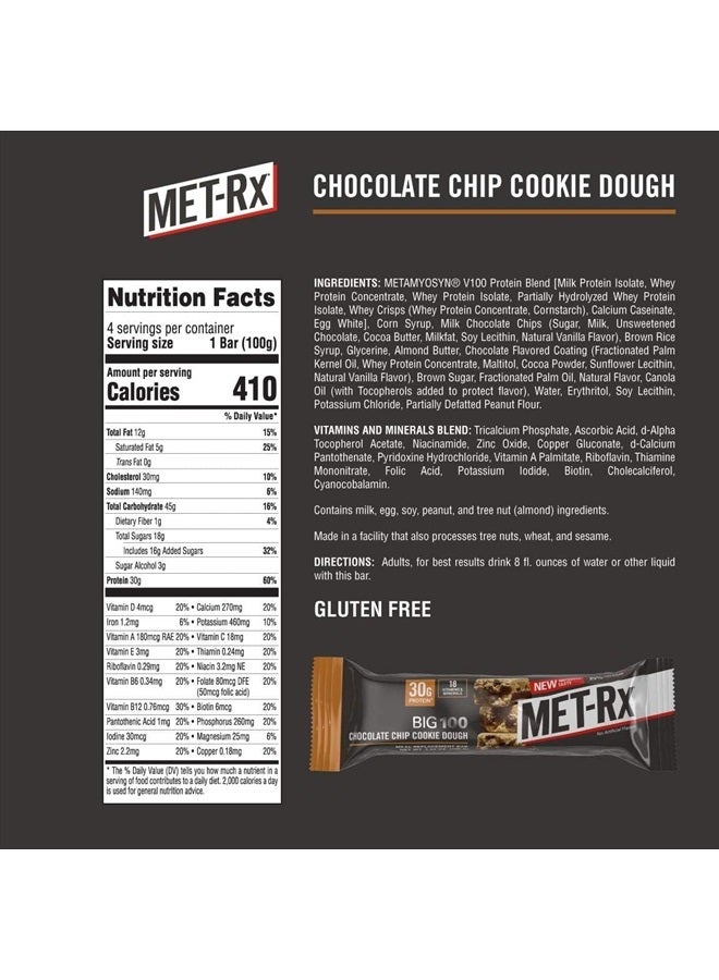 Big 100 Colossal Protein Bars, Chocolate Chip Cookie Dough Meal Replacement Bars, 9 Count (Pack of 1)