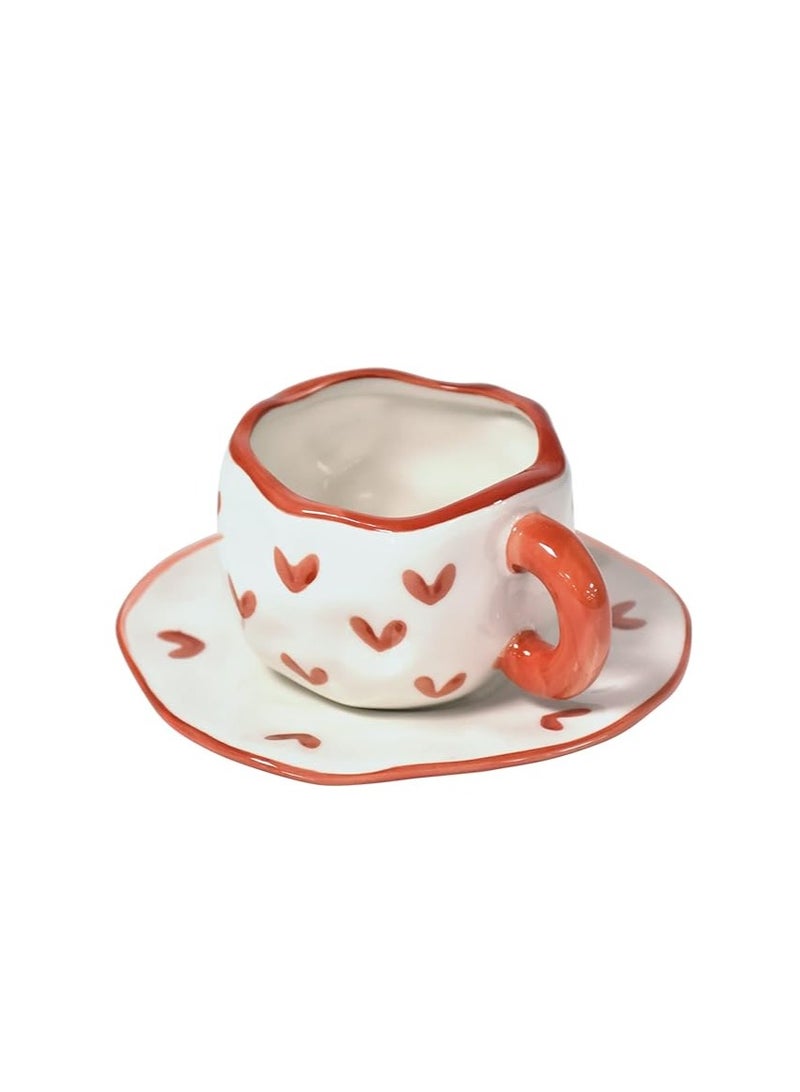 Cottage Rose Ceramic Coffee Mug with Saucer Set, Cute Creative Cup Unique Irregular Design for Office and Home, Dishwasher and Microwave Safe, 10 oz/300 ml for Latte Tea Milk (Red Heart)
