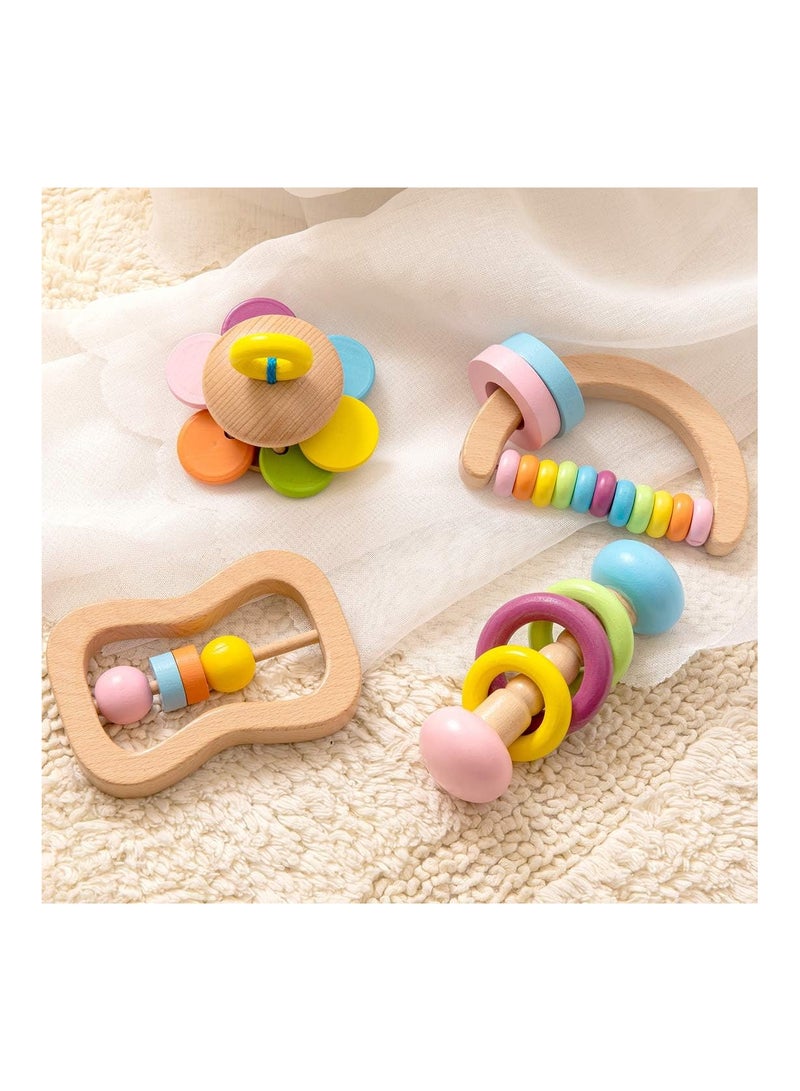 Organic Colorful Wooden Baby Rattles Set, 4 Pcs Montessori Toys for Babies, Rattle Soother Bracelet Teether Toys for Newborn Babies 0-6-12 Months, Perfect Toddler Shower Gift
