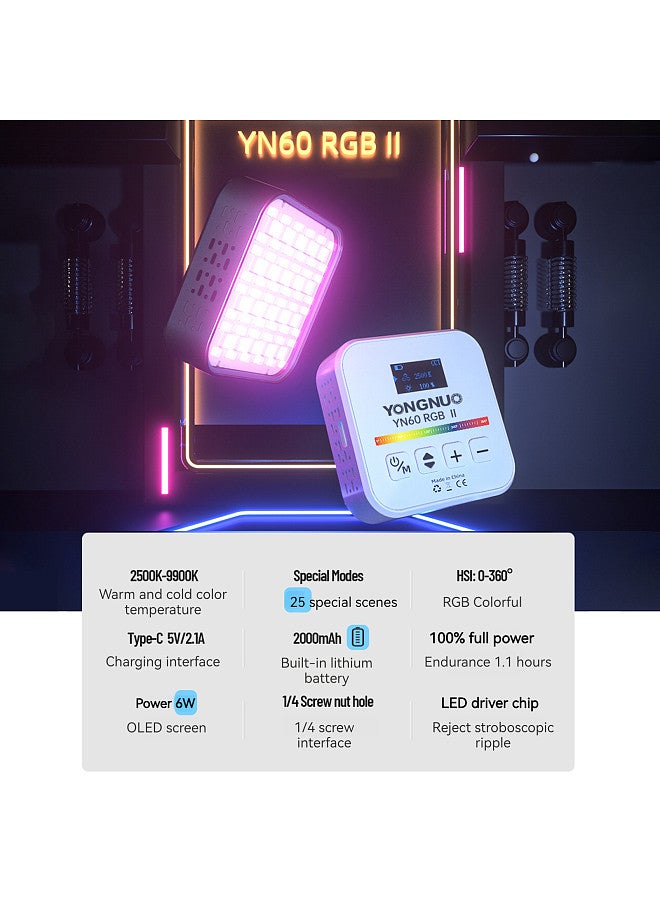 YN60RGB II 6W Pocket Led Light RGB Video Lamp Mini Photography Light with 1/4in Screw Hole 68pcs Beads 2500K-9900K Color Temperature 25 Scene Effects CRI≥95 with Cold Shoe Mount Adapter