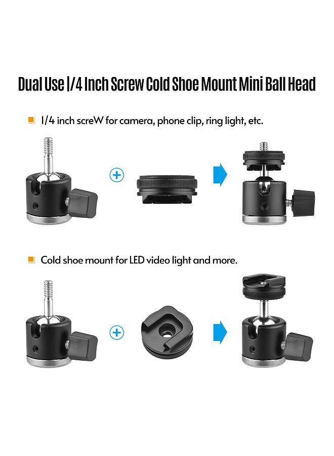 2-in-1 1/4 Screw Cold Shoe Mount Ball Head 360° Rotatable Dual Use Mini Ball Head Aluminum Alloy Ball Head for Camera Phone Holder Tripod Video Light