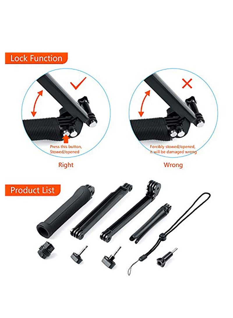 3 Way Tripod for Go Pro Hero 10/9/8/7/6/5/4/3/2/1 Series and other Action Cameras, Detachable Extendable Selfie Stick Pole with Hand Grip Stand