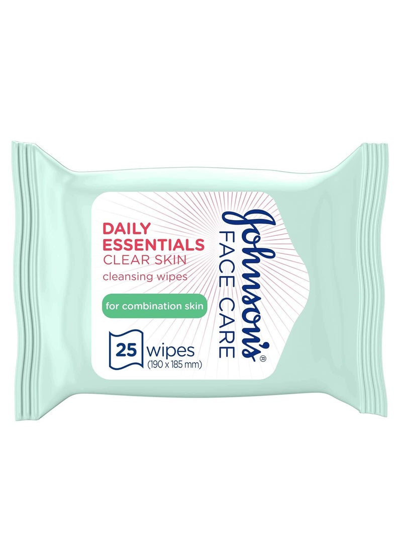 JOHNSON’S Cleansing Face Wipes, Daily Essentials Make up remover, Clear Skin, Combination Skin, Pack of 25 wipes