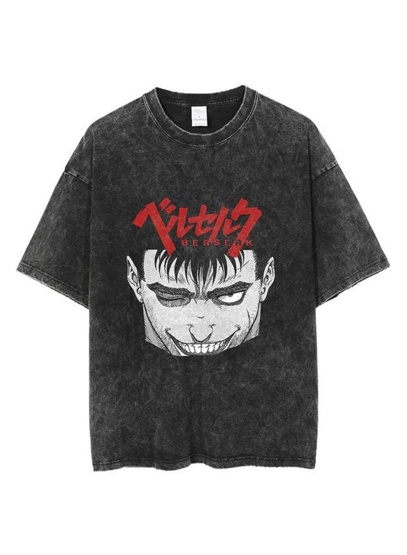 Men's new washed old dark anime print street retro t-shirt street trendy round neck short-sleeved t-shirt
