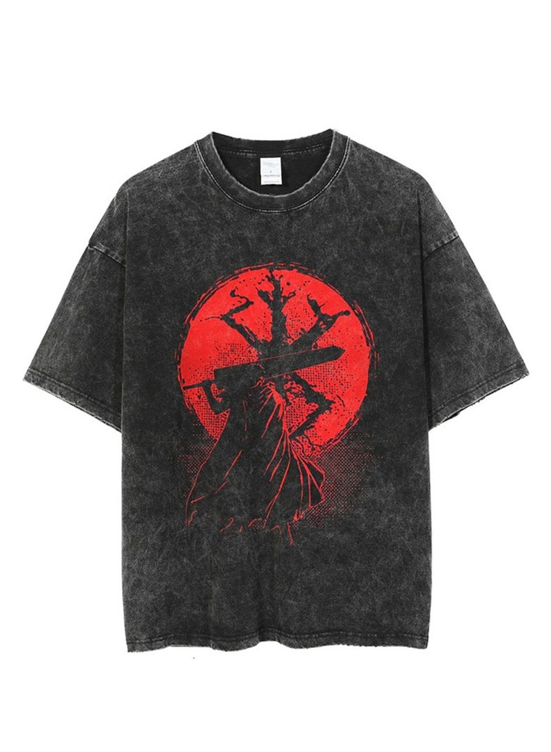 Men's new washed old dark anime print street retro t-shirt street trendy round neck short-sleeved t-shirt
