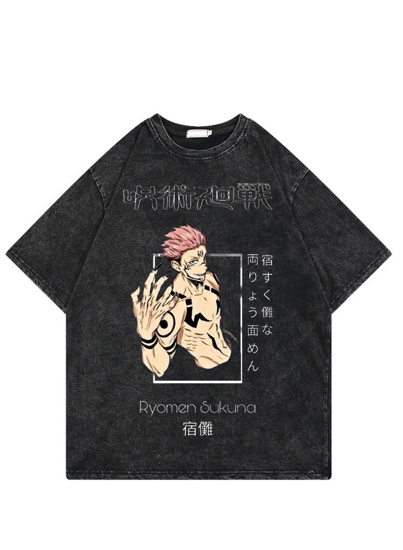 Washed retro T-shirt street hip hop anime Jujutsu Kaisen casual cotton summer short sleeves