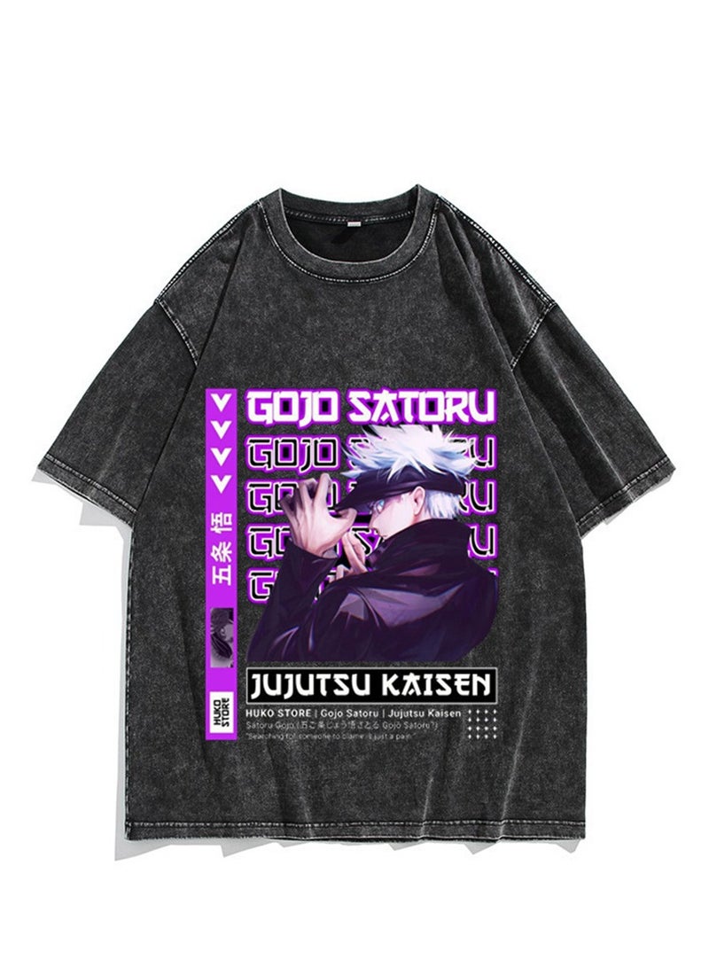 Washed retro T-shirt street hip hop anime Jujutsu Kaisen casual cotton summer short sleeves
