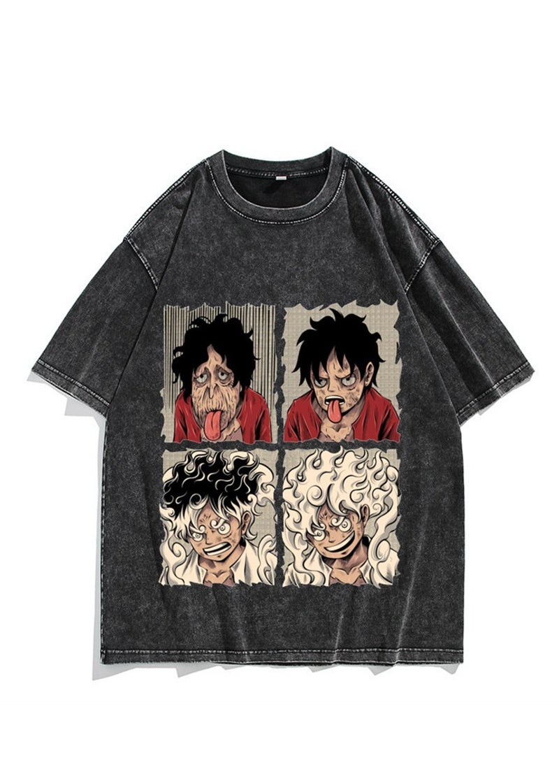 Washed retro T-shirt street hip hop anime One Piece Luffy Nika form casual cotton summer short sleeves