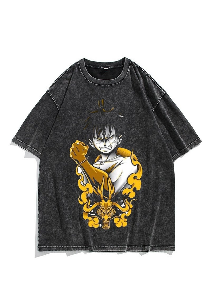 Washed retro T-shirt street hip hop anime One Piece Luffy Nika form casual cotton summer short sleeves