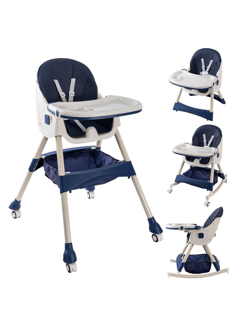 Baby High Chair, Folding Recline Feeding Seat Height Adjustable Child Feeding Chair, Multifunctional Baby Dining Chair With Removable Double Compartment Plate