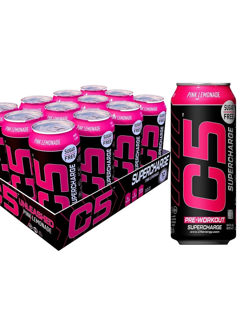 C5 Energy Drink Supercharge Pink Lemonade Pre-Workout, Sugar Free,150mg Caffiene, Zero Calories with Beta Alanine, L-Arginine, Taurine, Tyrosine Pack of 12