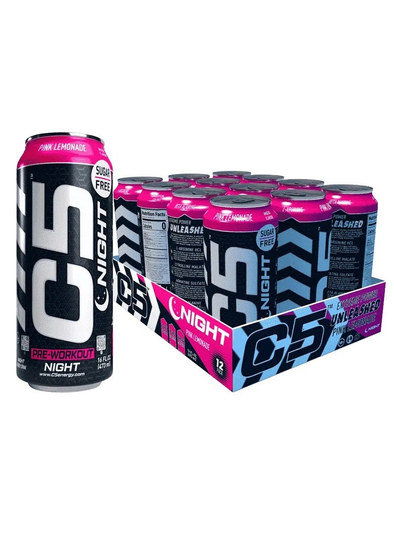 C5 Night Pre Workout Drink 473 ml 12 Pc Box - Pink Lemonade Energy Drink Without Caffeine