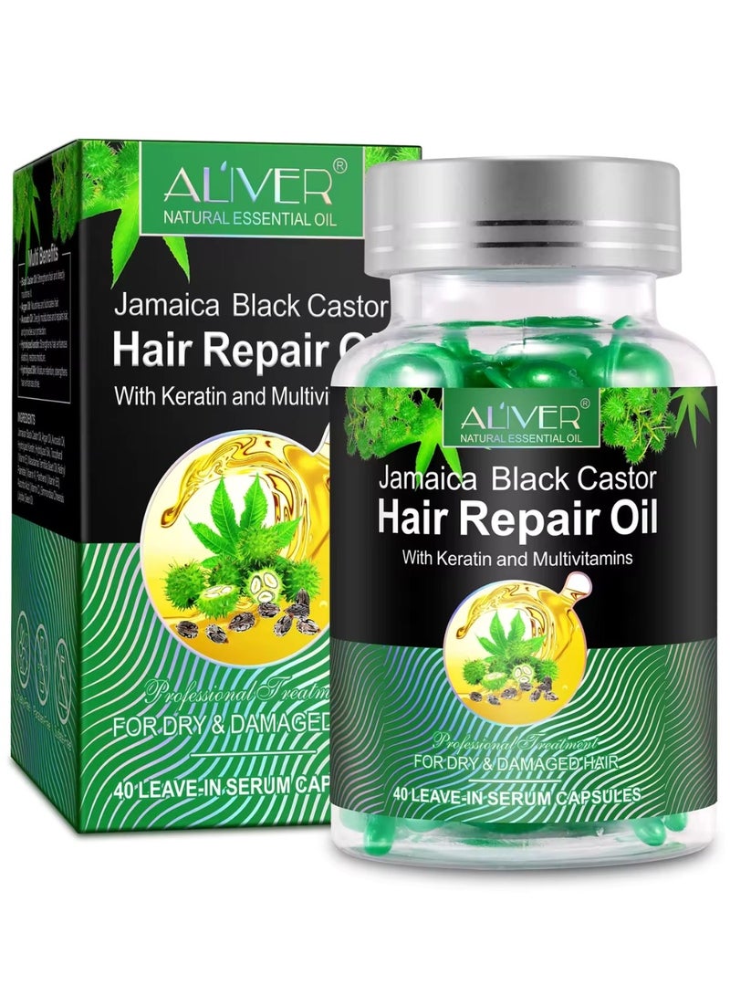 40 Pcs Jamaica Black Castor Hair Repair Oil Capsules Organic Jamaican Black Castor Oil with Keratin & Multivitamins Hair Repair Oil Shines Nourishing Repair Dry & Damaged Hair Treatment Leave-In Serum