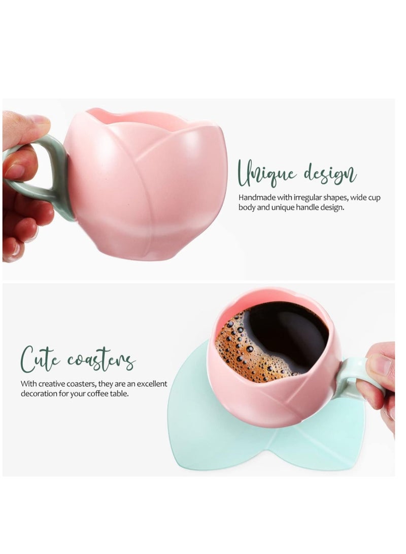 Cottage Rose 4pcs Ceramic Cup and Saucer Set Pink Tulips Pink Coffee Cup Mug Ceramics Vintage