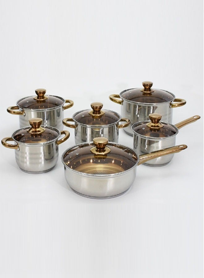 Set of 12 Cookware Set - Stainless Steel Pots and Kitchen Utensils Set with Tempered Glass lid