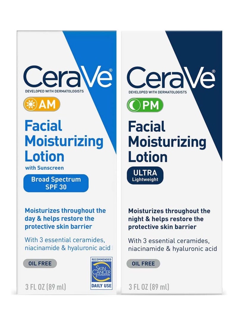 CeraVe Facial Moisturizing Lotion 3 Fl Oz (Pack of 2) AM/PM Bundle (Packaging may vary