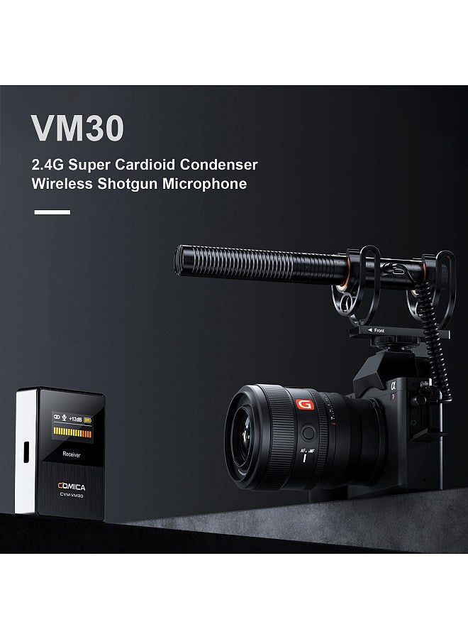 VM30 2.4G Camera Microphone Cardioid Condenser Mic System with 3.5mm Port OLED Screen Support Wired/Wireless Dual Modes Real-time Monitoring with Receiver Anti-Shock Mount & Wind Muff