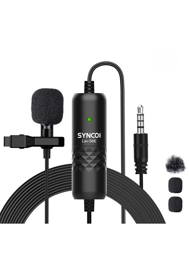Lav-S6E Professional Lavalier Microphone Clip-on Omnidirectional Condenser Lapel Mic Auto-Pairing 6M/19.7 Long Cable with Windscreen