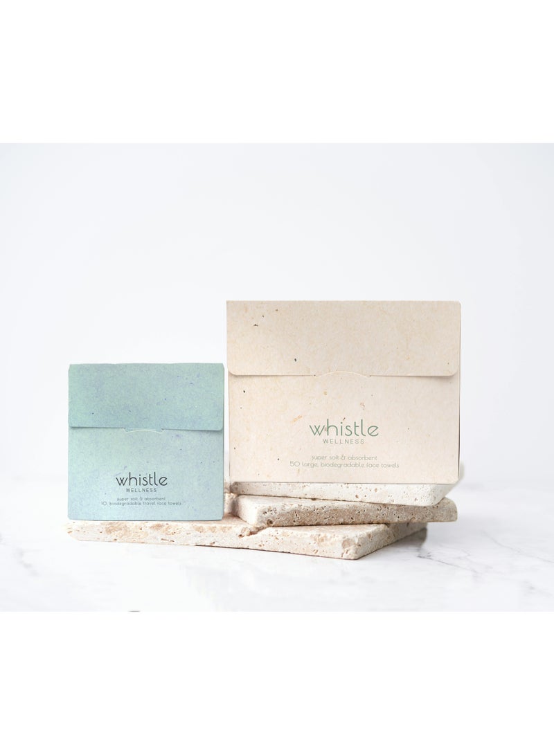 Whistle Wellness Face Towels Disposable Biodegradable Plant Based XL Size 50 count