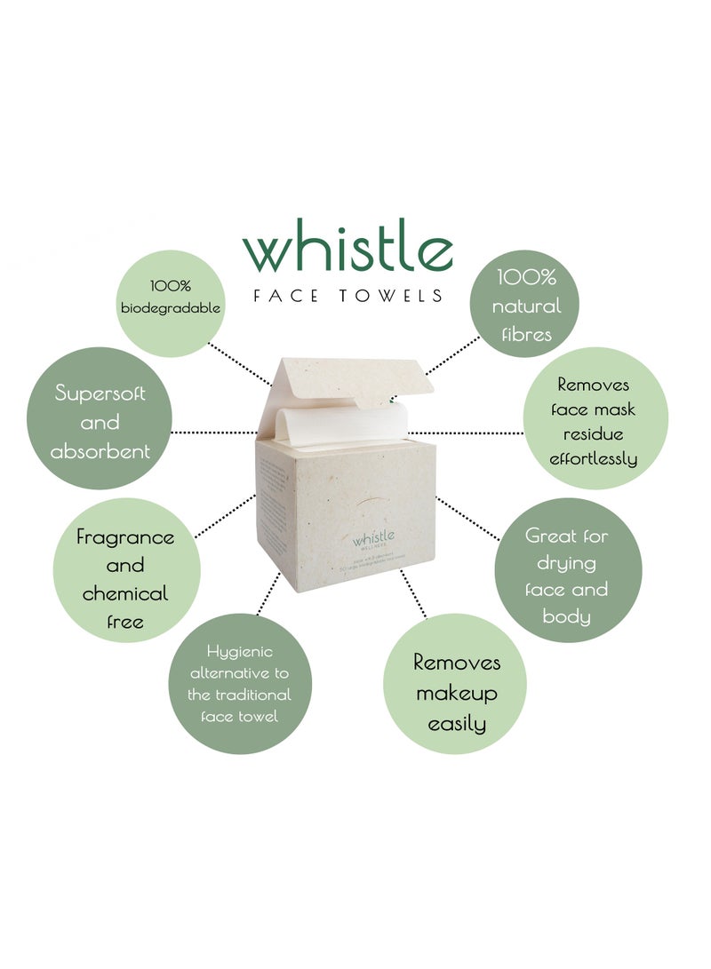 Whistle Wellness Face Towels Disposable Biodegradable Plant Based XL Size 50 count