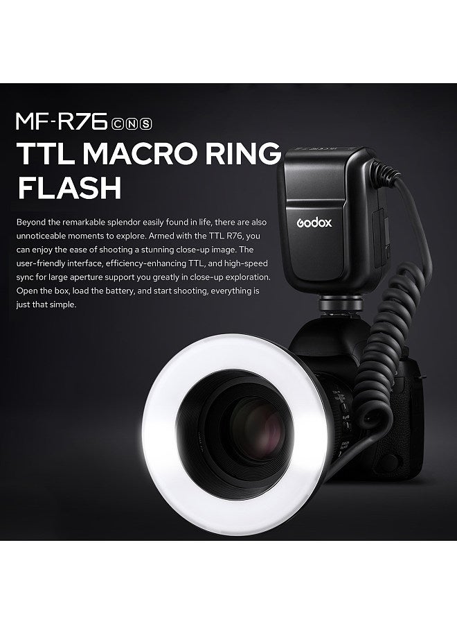MF-R76C ETTL Macro Ring Flash Light GN14 10 Levels Adjustable Brightness with 8pcs Adapter Ring Large Capacity Battery Replacement for Canon Camera