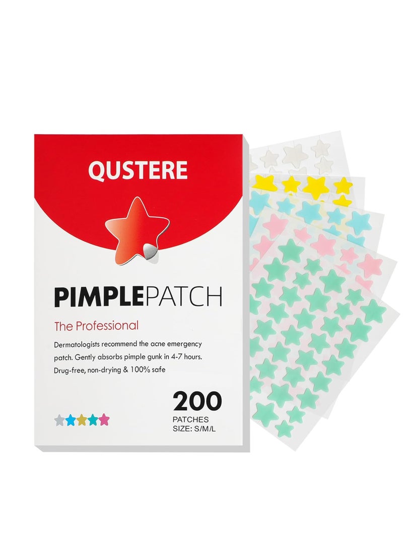 QUSTERE Pimple Patches for Face, Hydrocolloid Acne Patches, Cute Star Zit Covers, Colorful Spot Stickers with Tea Tree, Salicylic Acid & Cica Oil| 3 Sizes (10mm, 12mm & 14mm) |200 Count