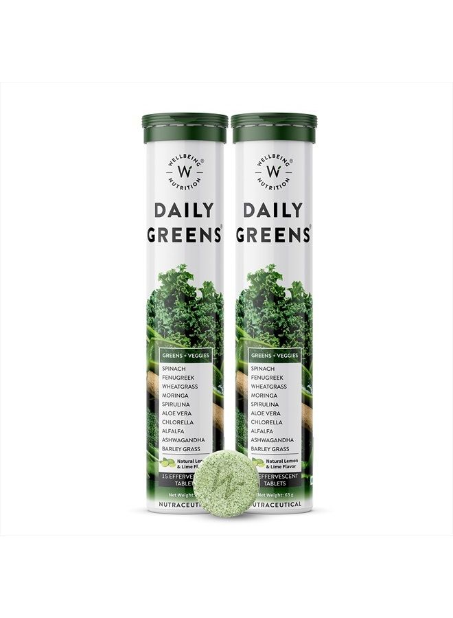 Wellbeing Nutrition Daily Greens, Wholefood Multivitamin with Vitamin C, Zinc, B6, B12 for Immunity and Detox with 39+ Organic Certified Plant Superfoods & Antioxidants(15 Effervescent Tab) Pack of 2